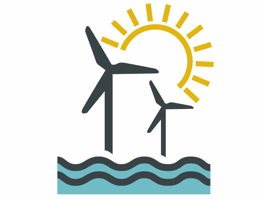 Stilfuldt billede med vindmøller, sol og vand som repræsentation for økostrøm