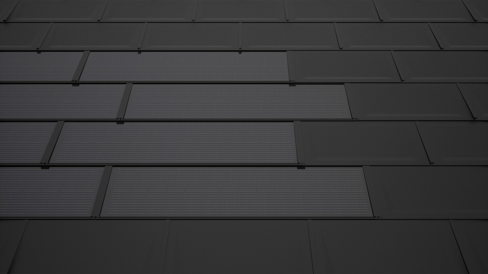 Billedet viser PREFA-solcelletagplader i sort, monteret på et tag, kombineret med PREFA-tagplade R.16. Solcellemodulerne er anbragt i jævne rækker.