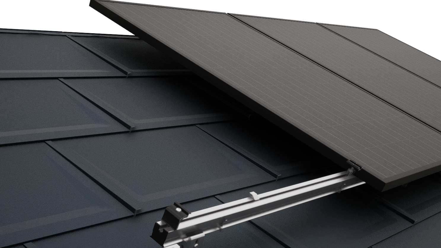 Nærbillede af et PREFA-tag med PV-moduler, der er fastgjort med PREVARIO-solcellemonteringssystemet.