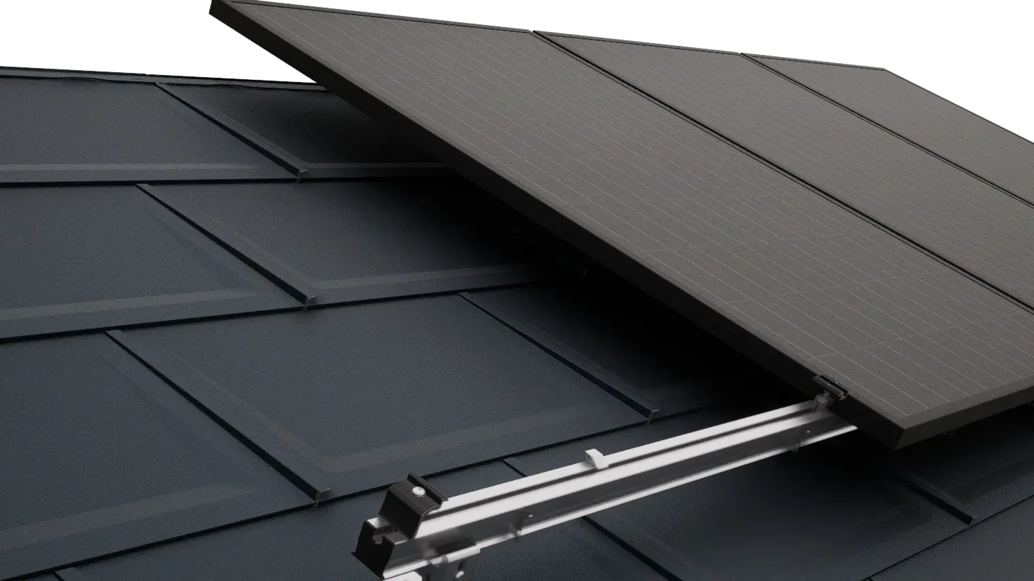 Nærbillede af et PREFA-tag med PV-moduler, der er fastgjort med PREVARIO-solcellemonteringssystemet.