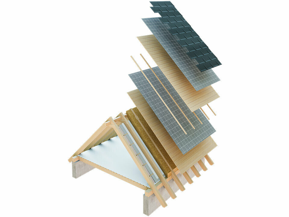 Teknisk illustration af et koldt tags tagkonstruktion, multi-skals tagkonstruktion med lægter, helforskalling, skillelag, tagstol; loftsrum kan benyttes som beboelsesrum; to-skals tagkonstruktion, ventileret; modlægter