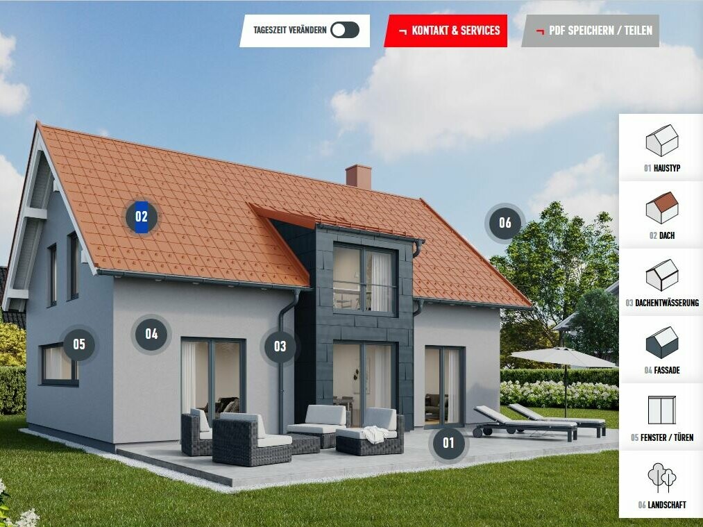 Facadekonfigurator til facaderenovering: Interaktiv husvisning med valgbare facade-, tag- og vinduesmuligheder til individuelt design og planlægning af den nye facade.