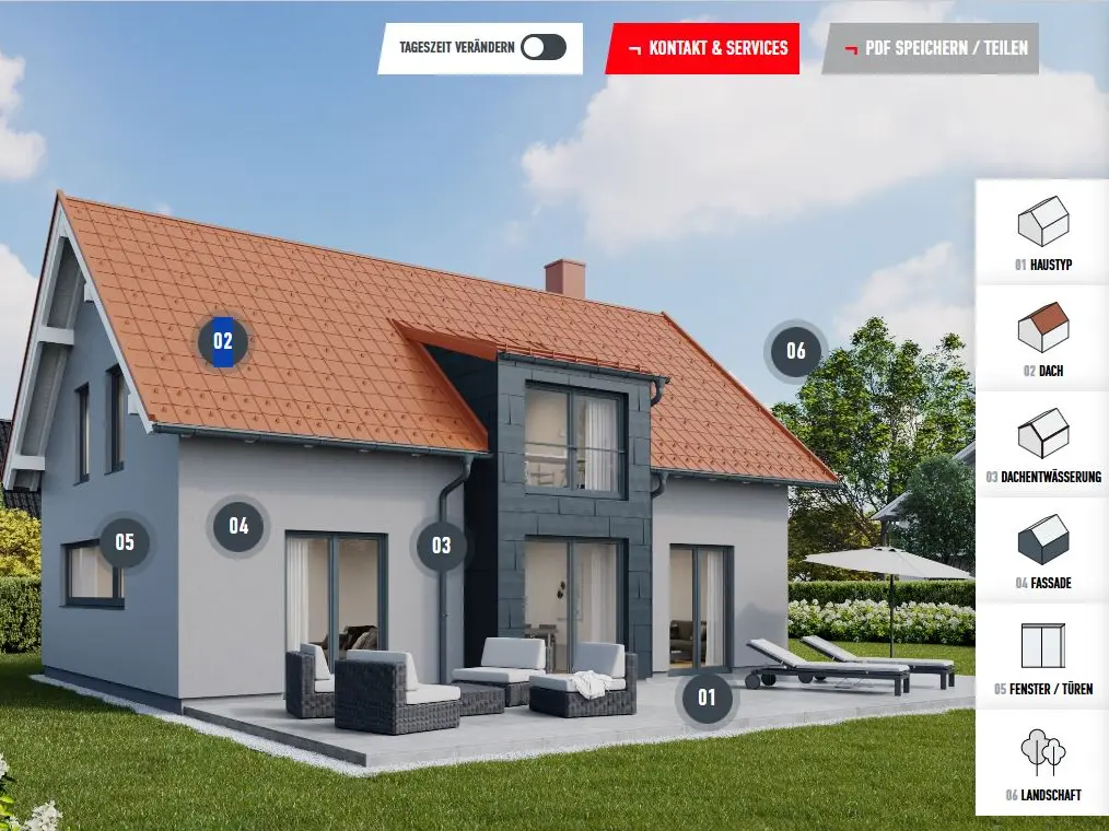 Facadekonfigurator til facaderenovering: Interaktiv husvisning med valgbare facade-, tag- og vinduesmuligheder til individuelt design og planlægning af den nye facade.