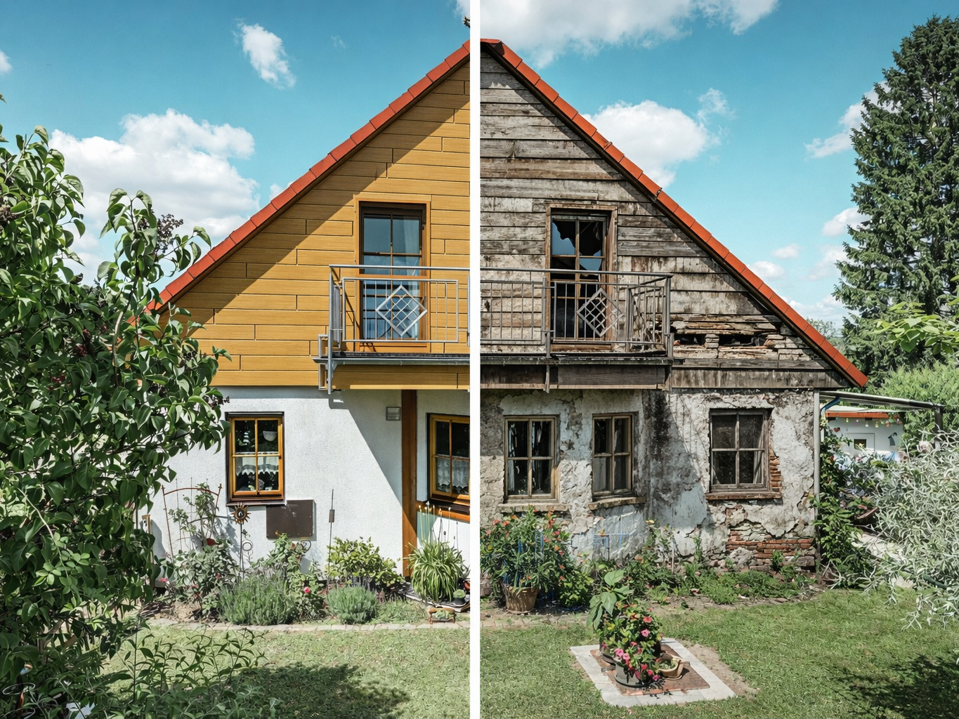 Fotografisk visning af et hus med to forskellige facadesider: I venstre side vises en moderne, velplejet facade med en PREFA-aluminiumsfacade i trædesign, mens der i højre side vises en renoveringskrævende, forvitret facade med ødelagte vinduer og afskallende farve. En tydelig skillelinje markerer overgangen mellem de to tilstande under en klar blå himmel.