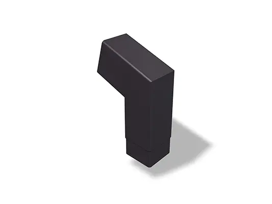 PREFA kvadratrør bøjning 72° (kort), fås i størrelserne 80 og 100 mm, med mål 196 x 196 mm (synlig). Denne kompakte rørbøjning muliggør en præcis retningsændring ved installation af kvadratrør i tag- og facadesystemer.