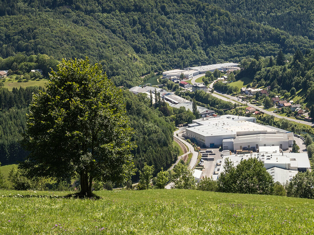 Billede af PREFA-fabrikken i Marktl fra en af de omgivende bakker; i forgrunden står et træ, på en grøn eng i baggrunden ser man de store Lilienfelder-skove