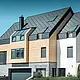 Moderne nybyggeri, hvor tagbeklædningen også dækker den øverste del af facaden. Til tagbeklædningen er der anvendt aluminiumstagromber i antracit
