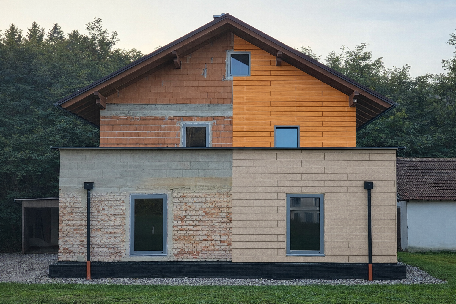 Fotoservice til facaderenovering: Faglig optaget før/efter-motiv af et hus med forskellige facadematerialer til realistisk visualisering af renovationsløsninger. (Billedet behandlet ved hjælp af KI)