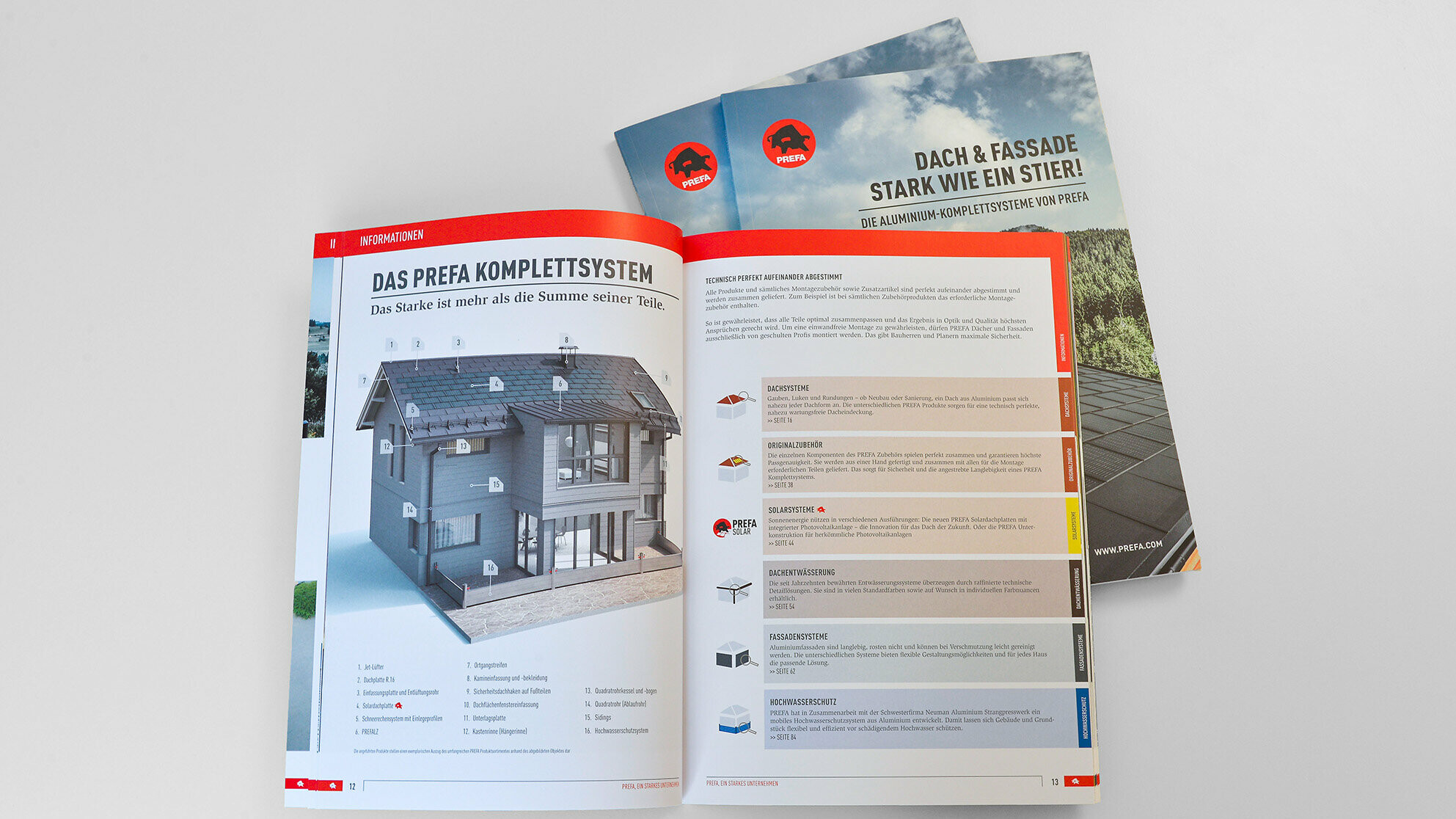 PREFA-brochure med en åben side om det komplette system