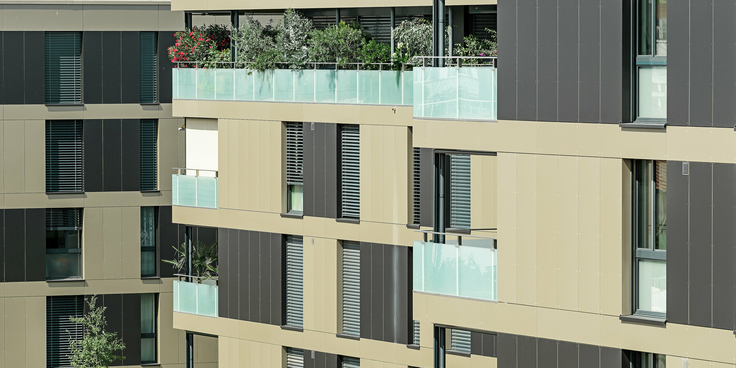Terningformet boliganlæg med en aluminiumfacade i bronze med sortgrå elementer