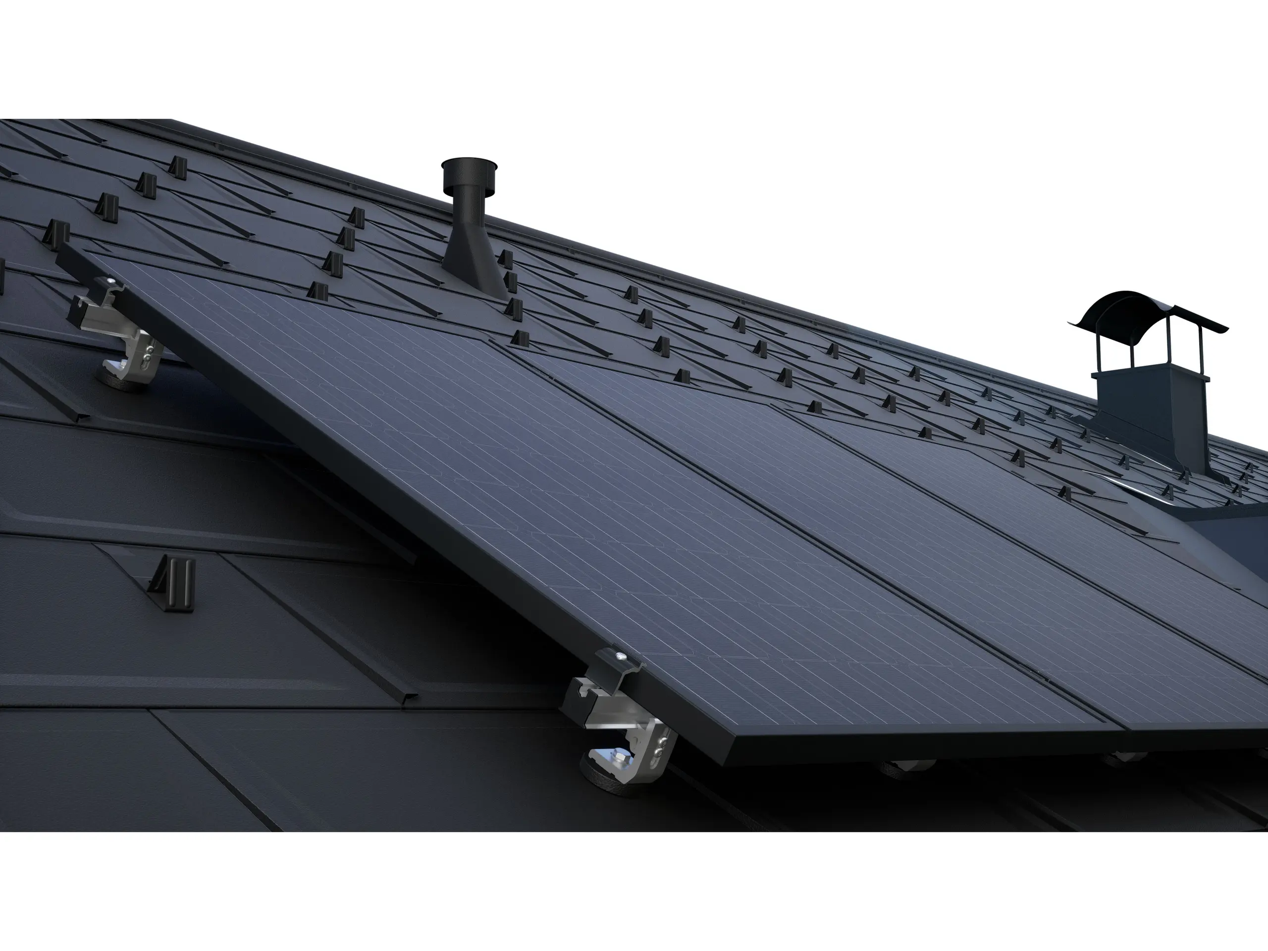 PV-moduler monteret med PREVARIO solcellemonteringssystem på et mørkt PREFA-tag med tagplader R.16.